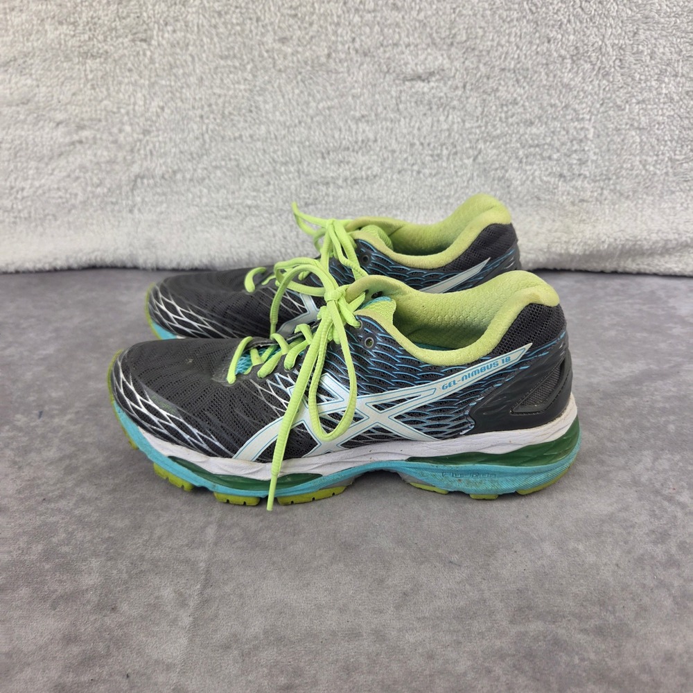 Asics Gel-Nimbus 18 Womens Running Shoes Grey Blue Lime Green T650N Size 8